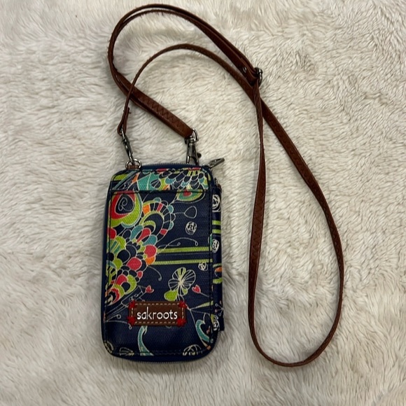 Sakroots Multicolor Blue Floral Crossbody  Zippered Wallet - Picture 1 of 8